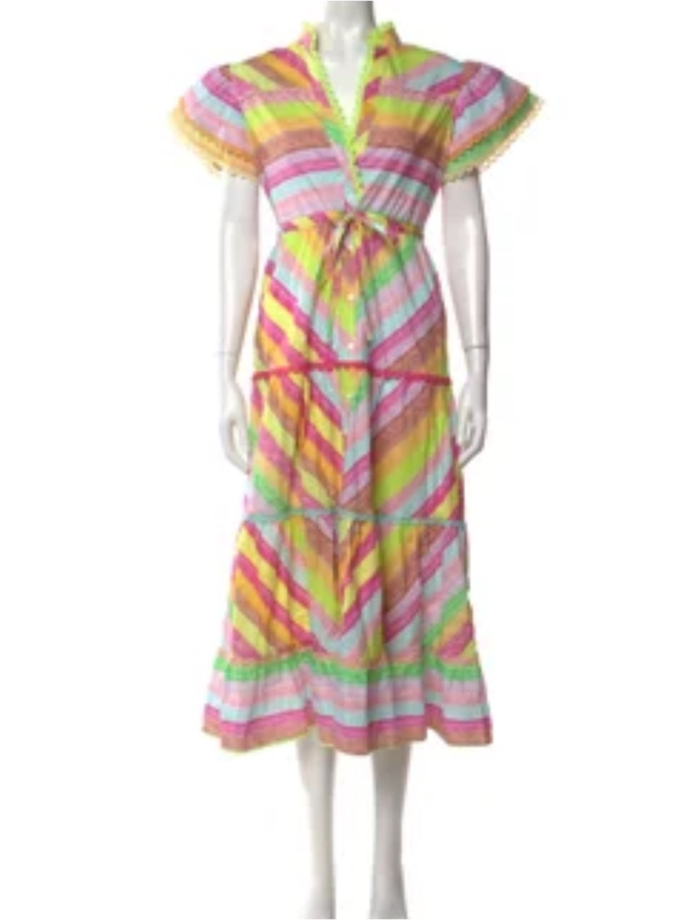Beulah Pastel Striped Tiered Maxi Dress - Pink Yellow Green, Small